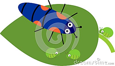 Biological control of aphids. Stylized cute cartoon larva of ladybug on green leaf with aphids in flat style Vector Illustration